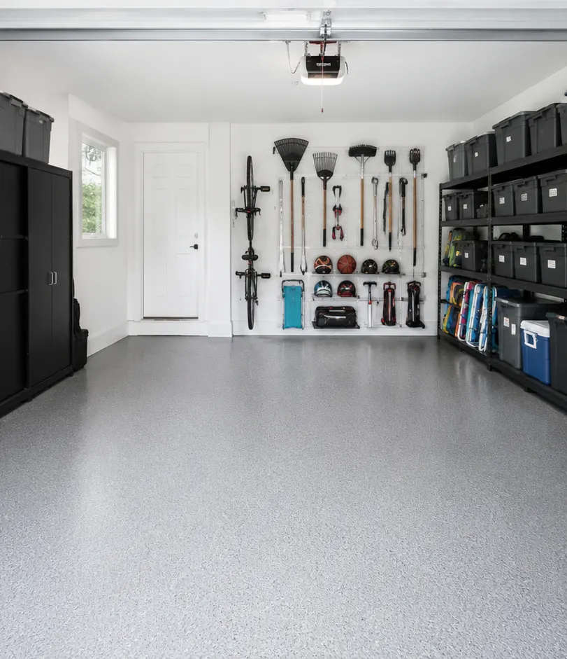 Garage with wall-mounted tools and clear floor