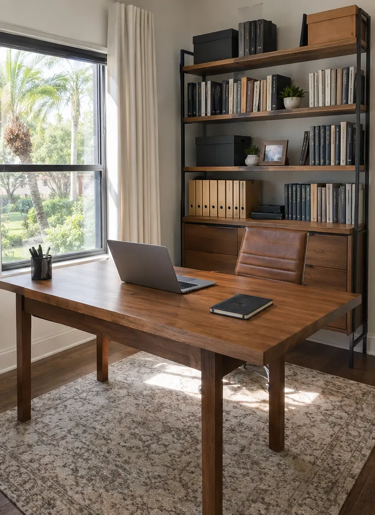 Clean desk and ordered shelves after organizing
