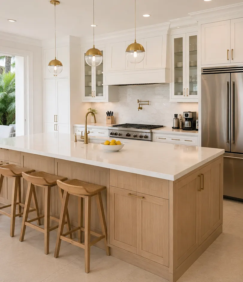 Kitchen island cleared with organized cabinets