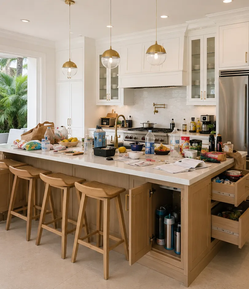 Kitchen island and open cabinets overflowing before organizing