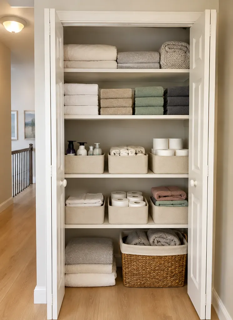 Linen closet with labeled bins and neat stacks