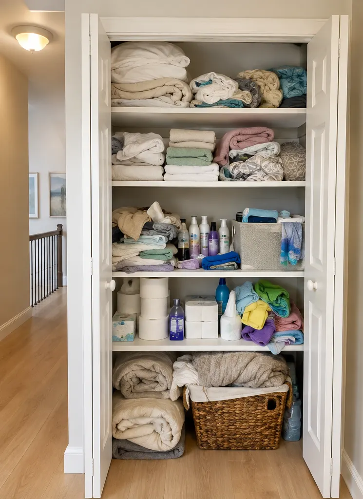 Overstuffed linen closet before organizing