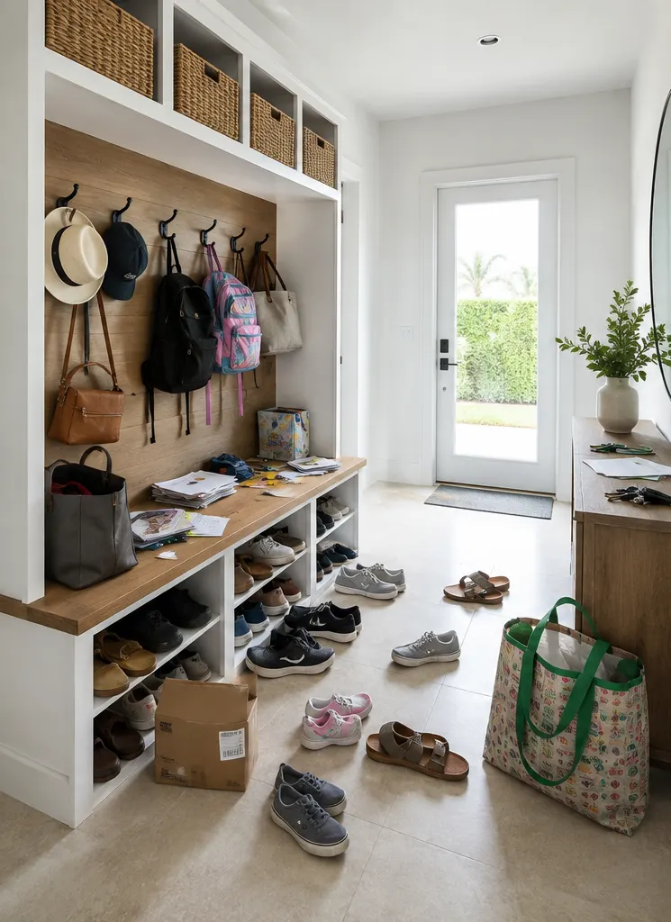 Mudroom with shoes and bags scattered before organizing