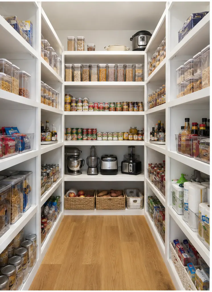 Pantry with clear canisters and baskets after organizing