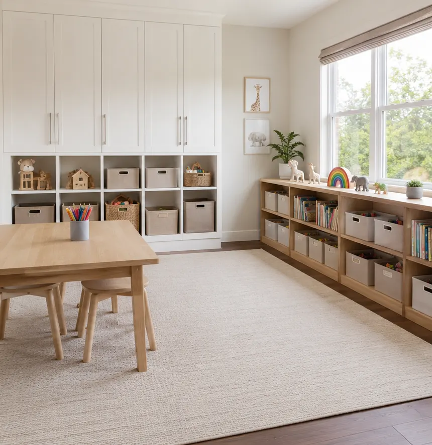 Playroom with labeled bins and clear floor