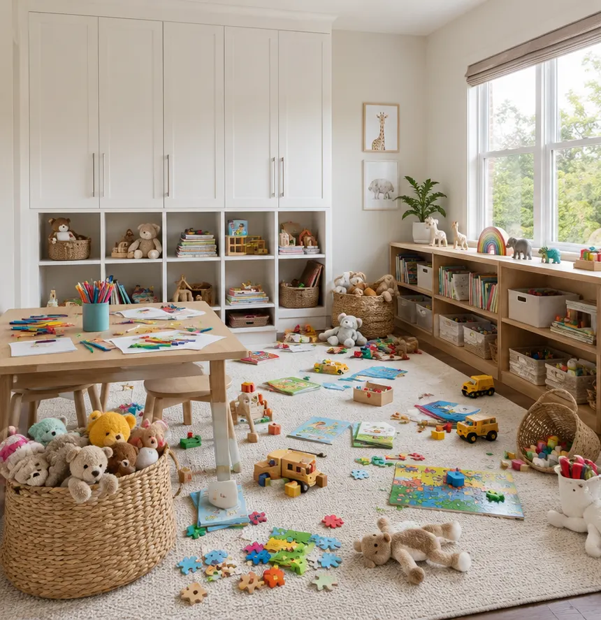 Playroom floor covered in toys and puzzles before organizing