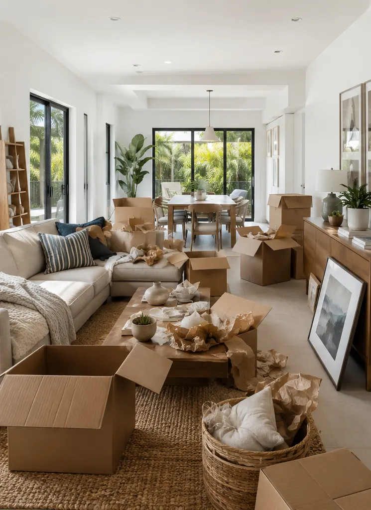 Living room full of moving boxes before unpacking service