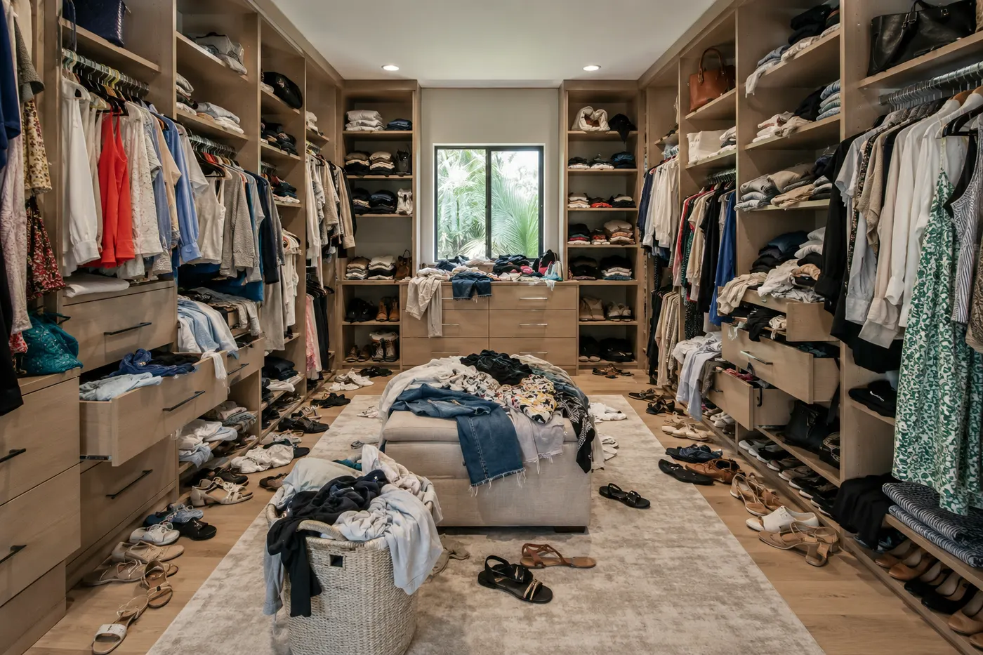 Walk-in closet overflowing with clothes and shoes before organizing
